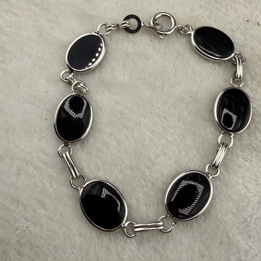 Vintage Sterling Silver Link Bracelet Signed LF Black Polished Stone 7"